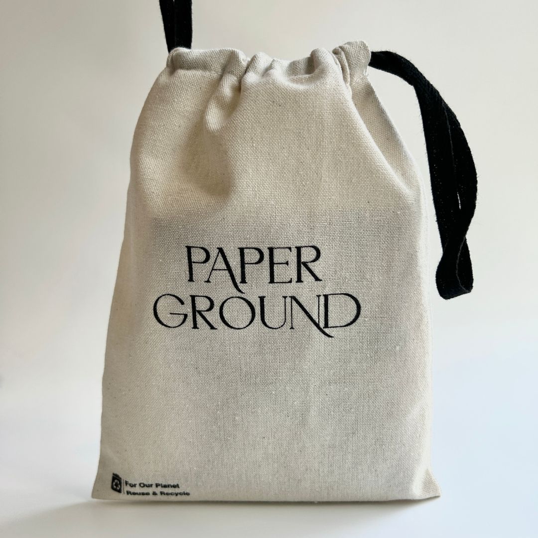 Beige Signature Reusable Bag with black drawstring- Paper Ground